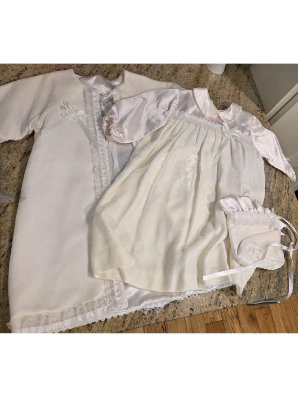 Vintage 3 pc Handmade Infant Velvet Lace Christening Baptism Gown Jacket Bonnet